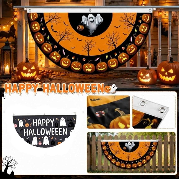 NookHive Happy Halloween Half Round Bunting - Halloween Decorations Outdoor Pumpkin Theme Yard Decoration 18x35 Inch for Fence Gate Porch,A