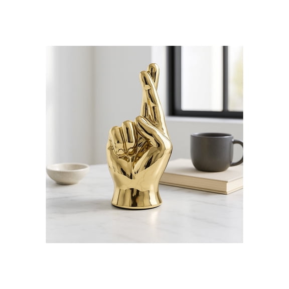 Hand Sculpture for Home Decor or Bathroom Decor - Modern Crossing Finger Statue for Bookshelves, Office Accents, and Room Design - Living Room Decor or Coffee Table Ornament - 8", Gold