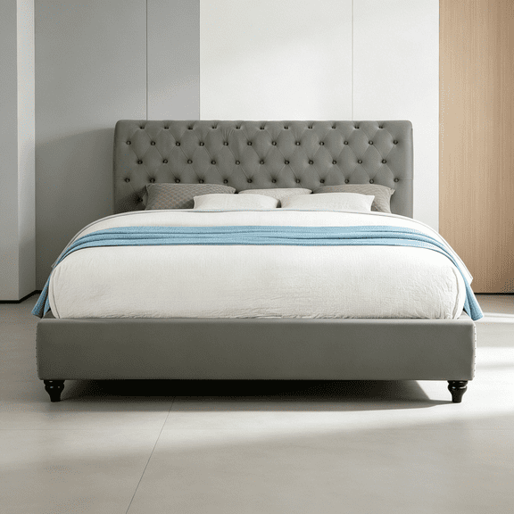 Gray Velvet Upholstered Platform Bed Frame with Button Tufted Headboard and Nailhead Trim, Modern Sleigh Bed for Master Bedroom