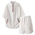 thumbnail image 5 of Men Bubble Textured 2 Piece Outfit Set, Quarter Zip Stand Collar Short Sleeve Jacket and Drawstring Elastic Waist Cargo Pocket Shorts Summer Tracksuit Size 4XL White, 5 of 5