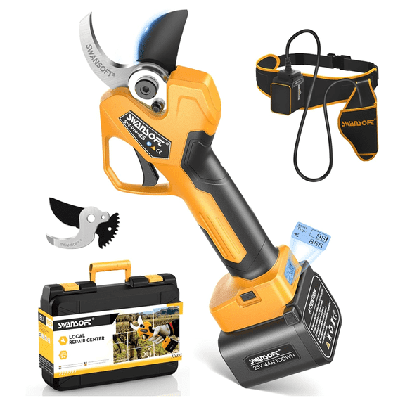 SWANSOFT Electric Pruning Shears, 45mm (1.77") Cordless Tree Branch Pruner 1150W Battery Powered Scissors with 2×4Ah Rechargeable Batteries, Yellow