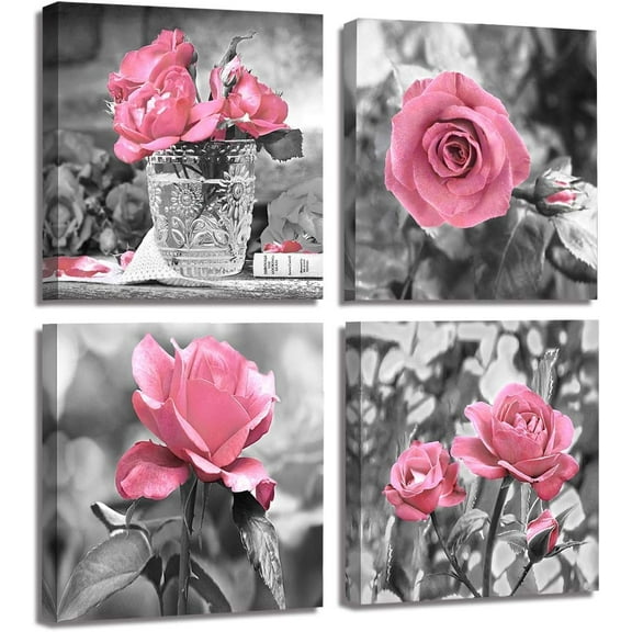Pink Rose Flowers Picture Decor Wall Art Girls Bedroom Floral Black and White Canvas Print Ornament 13.5"x13.5"x4 Panels