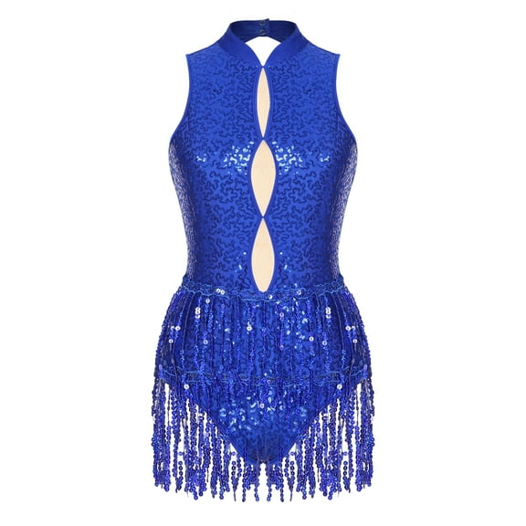MSemis Women's Sequins Leotard Tassel Latin Dance Dress Costume Royal Blue L