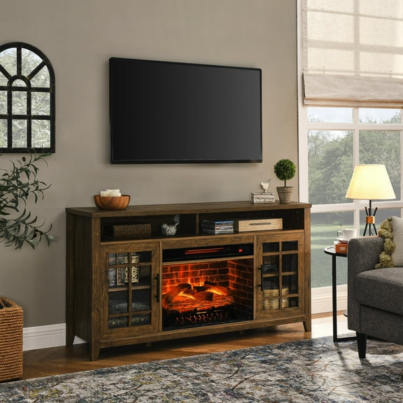 55 Inch Fireplace TV Stand with 23'' Electric Fireplace and 2 Glass Door, Farmhouse Entertainment Center with Timing Function and Remote Control, Media Console Table for Living Room, Bedroom, Brown