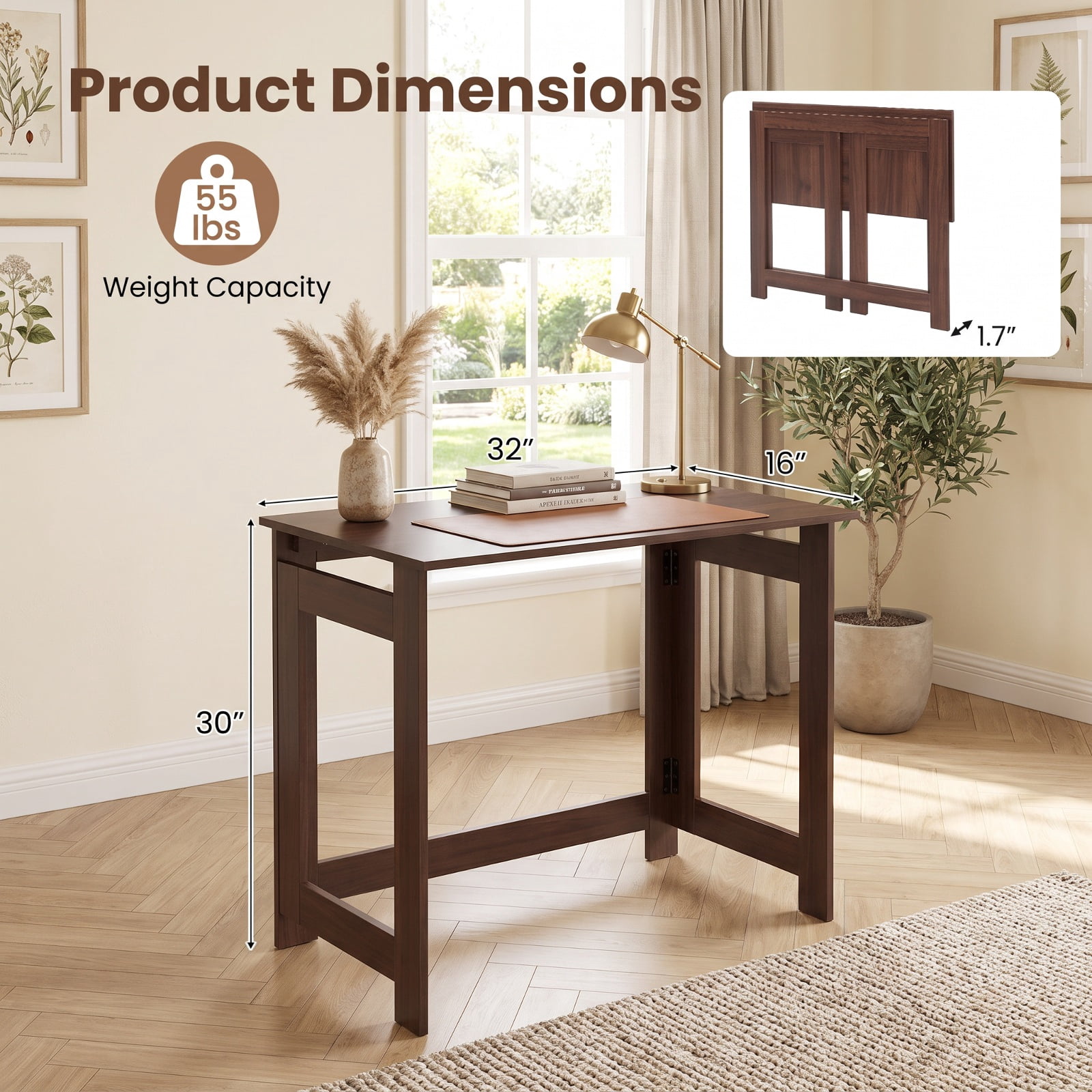 Furnibear Folding Console Table with Foldable Legs Narrow Sofa Entryway Table for Hallway Entrance and Behind Couch Space Saving, Brown