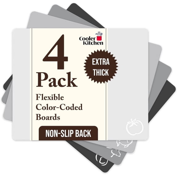 Extra Thick Plastic Cutting Mat Set with Food Icons and EZ-Grip Back, 4-Piece, Black and White