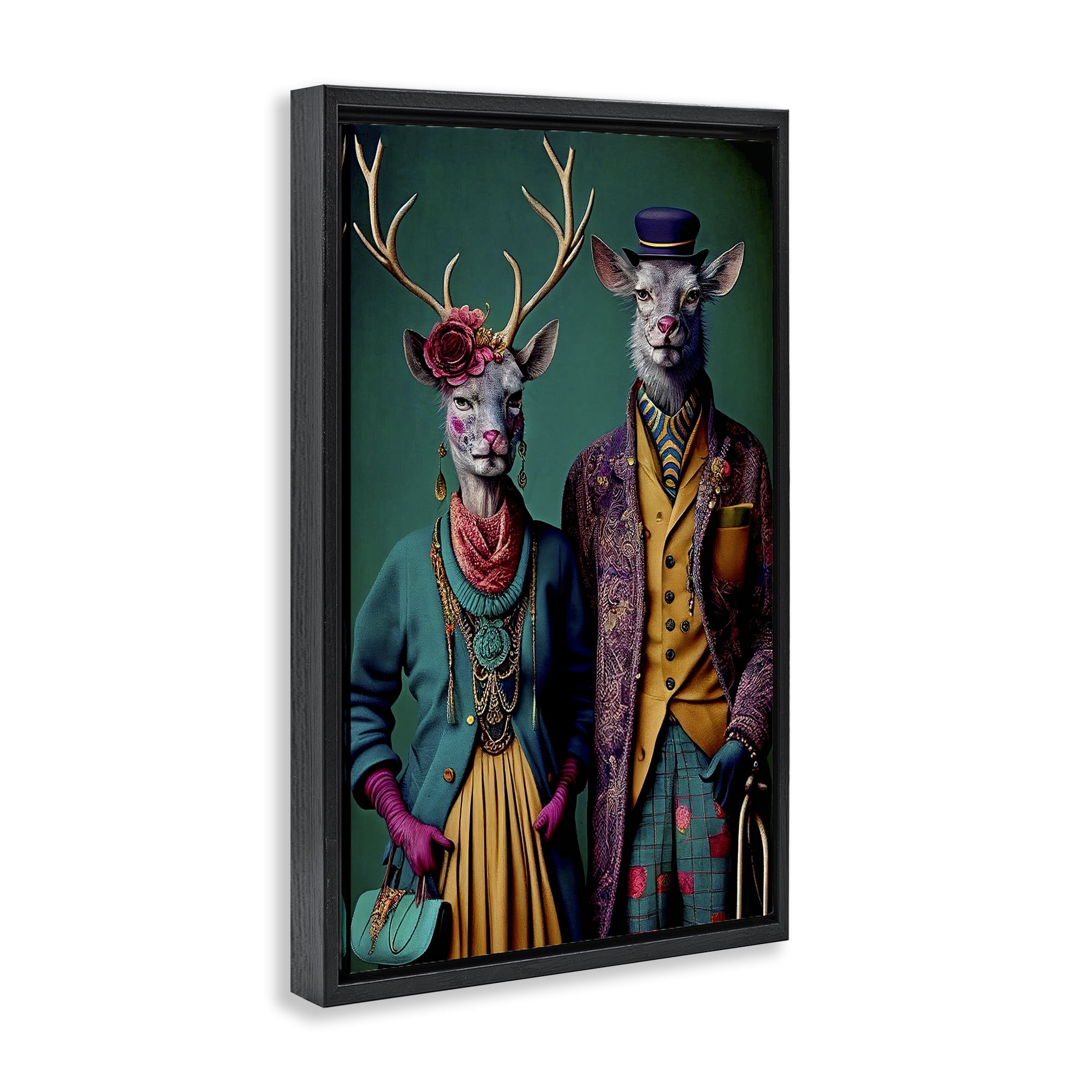 Stupell Industries Deer in Historic Clothes Novelty Painting Black Floater Framed Canvas Art Print Wall Art, 17 x 25