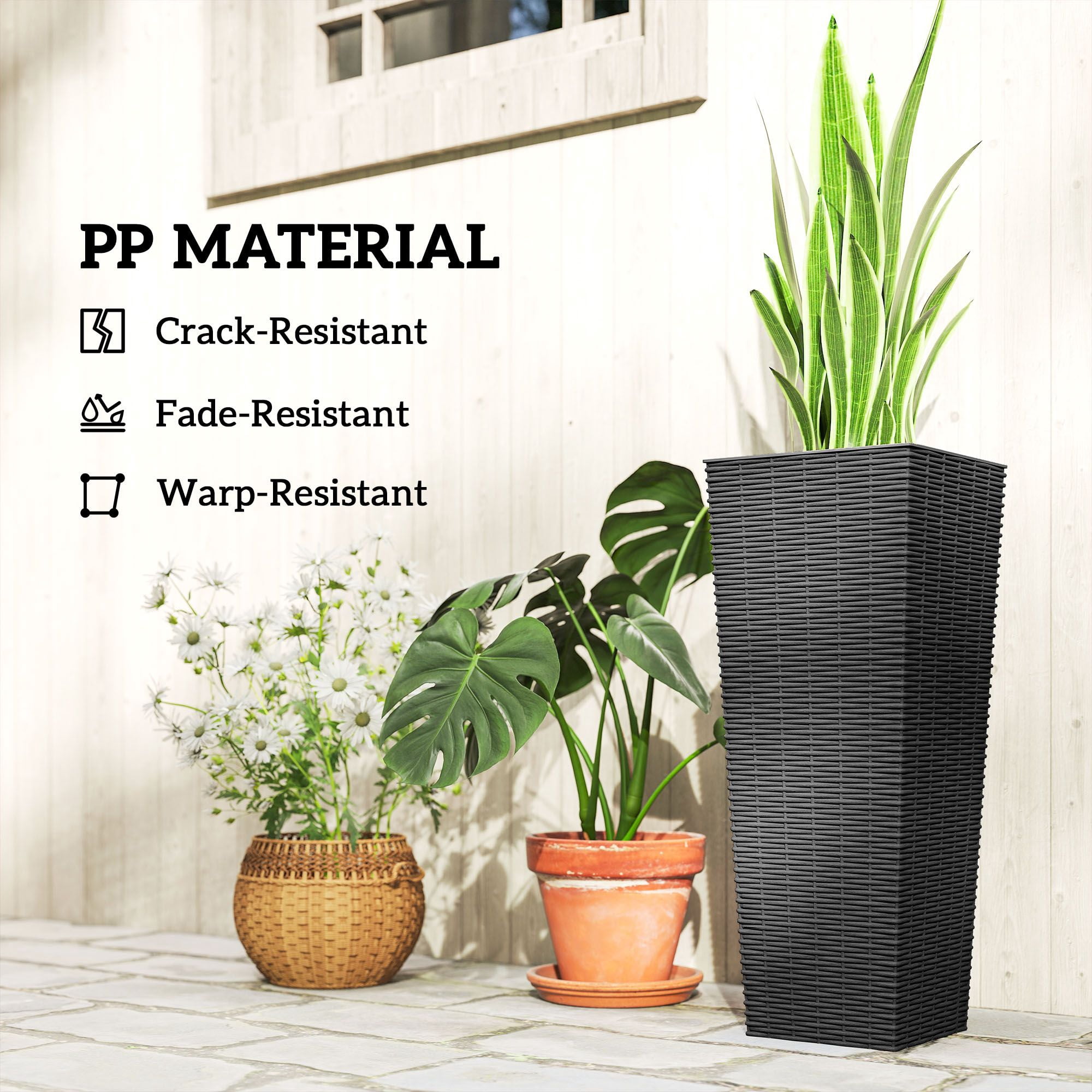 Dranite 23.6in Tall Plastic Planters Set of 2, Black Outdoor Flower Pots with Drainage Holes