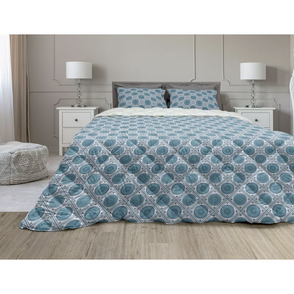 Blue Mandala Comforter & Sham Bedding Set, Geometric Rhombus Checkered Pattern with Floral Motifs and Dots Inside, 3 pcs Duvet Set Microfiber Filling Quilt, 5 Sizes, Blue Pale Pink, by Ambesonne