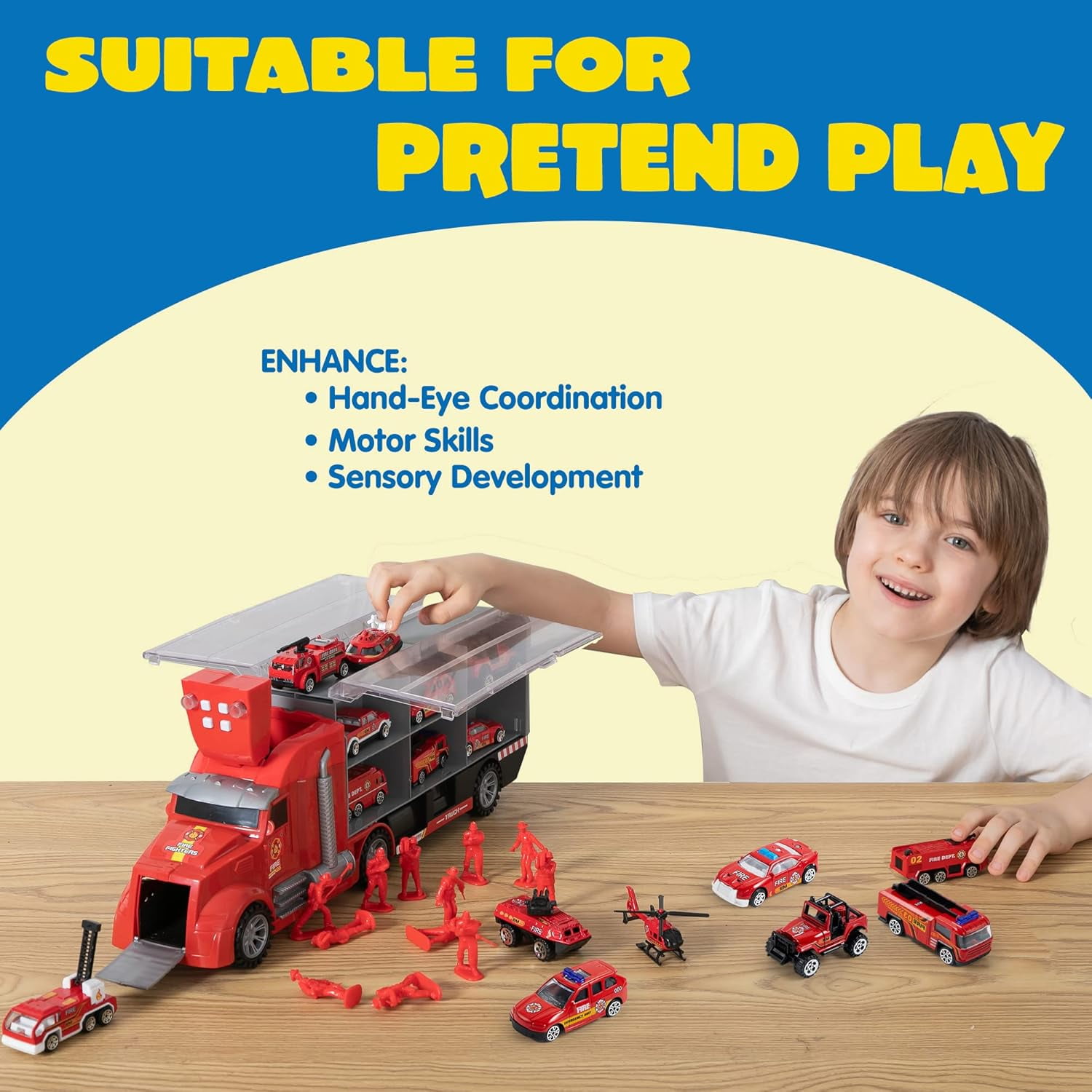 Joyfy 25 in 1 Die-cast Fire Truck Big Toys, Car Transporter Storage Truck with Sounds and Lights, Christmas and Birthday Gifts for Toddlers Kids Boys & Girls