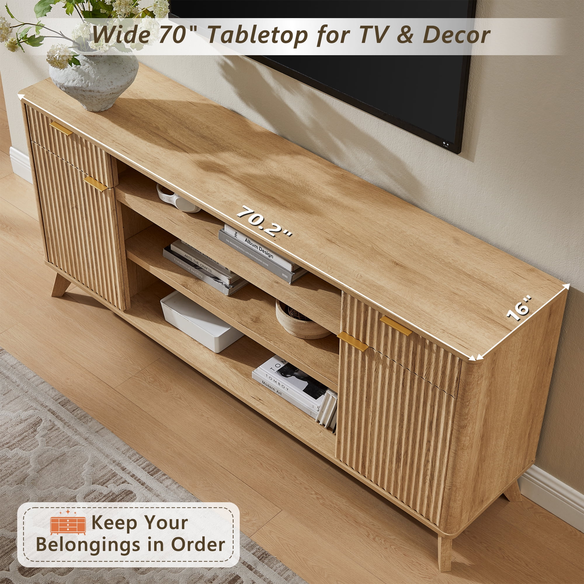 KeyWhat 70" Mid-Century Modern TV Stand for 75" TV, Fluted Doors, Drawers & Adjustable Shelves