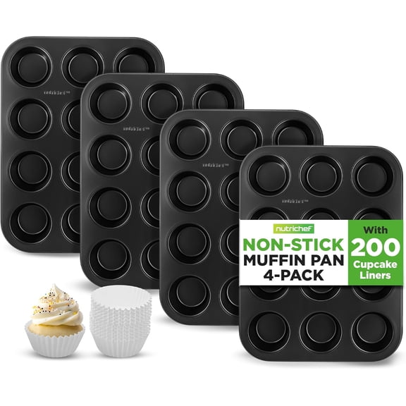 2-Piece 12 Cup Kitchen Oven Muffin Baking Pans with 100 Pieces Parchment Cupcake Liners - Deluxe Non-Stick Cupcake Cookie Sheet Bakeware (Black)