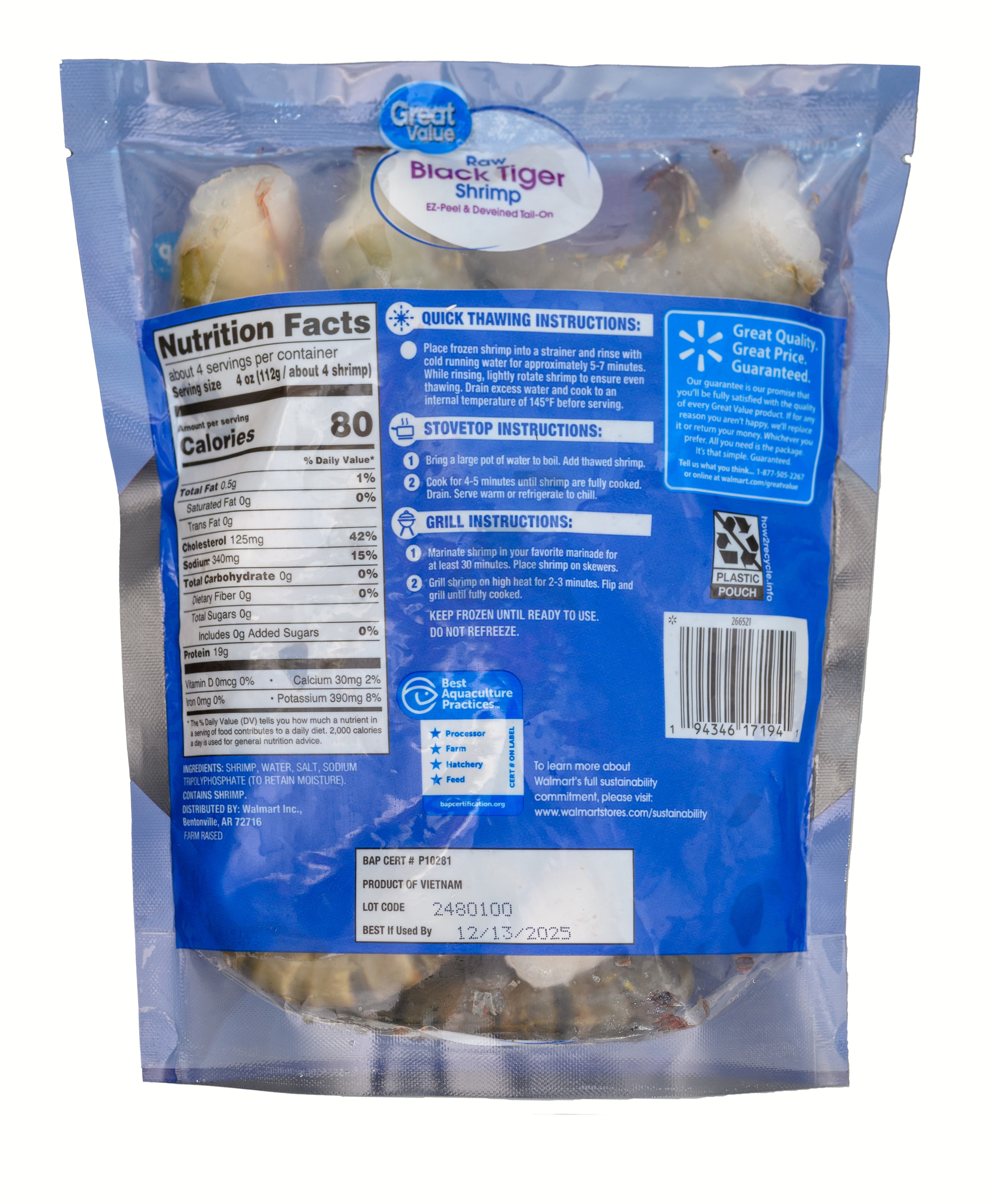 Great Value Frozen Black Tiger Easy Peel Shrimp, 1 lb