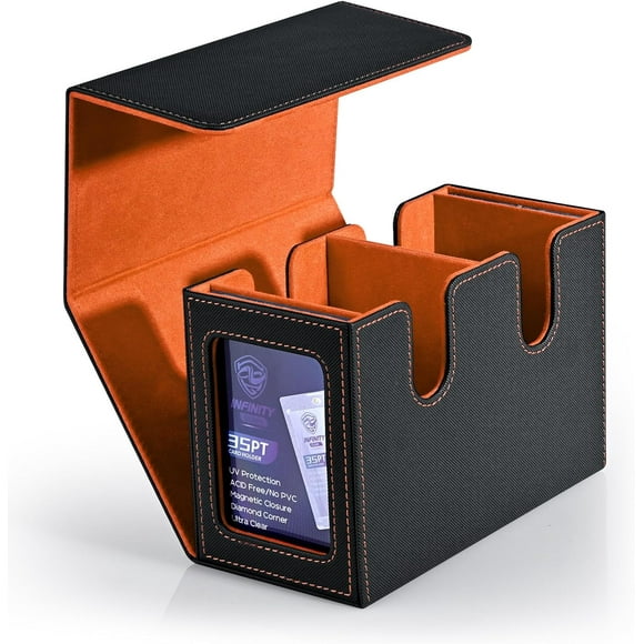 ERDS-MTG Deck Box with 2 Commander Display, Double Deck Box for 280+ Single Sleeved Cards, Leather Magnetic Card Storage Box Fits for TCG CCG Magic Cards (Black&Orange)