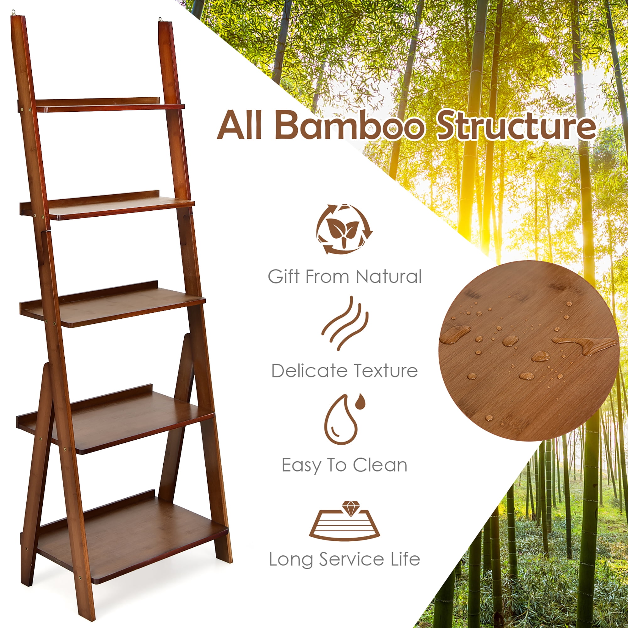 Costway 5-Tier Bamboo Ladder Shelf Bookshelf Display Storage Rack Flower Stand Coffee