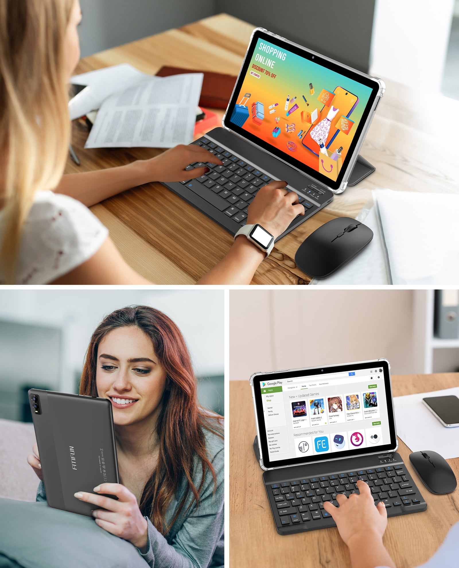 FITIFUN Android 14 Tablet 10.1 inch Tablet, 8GB RAM+32GB ROM+1TB Expandable,Octa-Core,5G Wi-Fi 6, 2+8MP Dual Camera,6000mAh Battery,1280x800 FHD IPS, Bluetooth,2 in 1 Tablets with Keyboard,Mouse,Case
