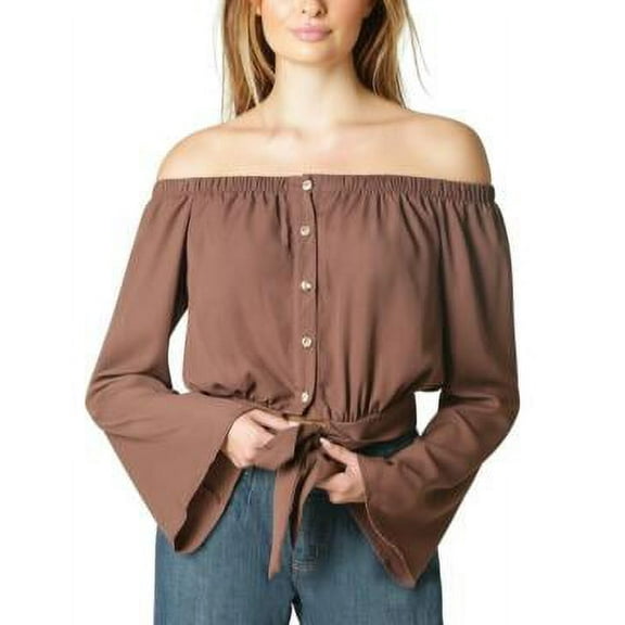 MSRP $34 Polly & Esther Juniors' Off-The-Shoulder Tie-Front Top Brown Size Small