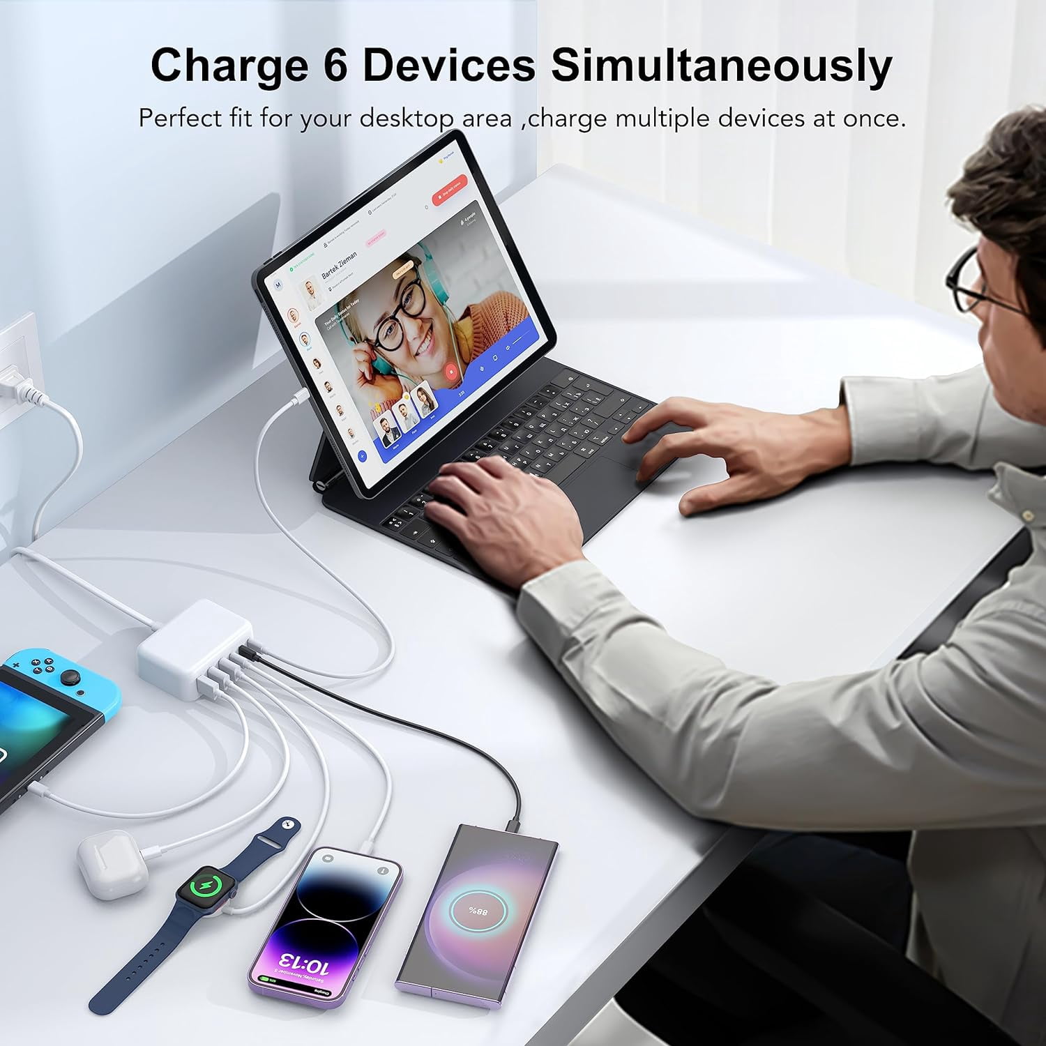 TAOHAI 100W GaN Charging Station 6 Port  USB C Fast Charger for , iPhone,Tablets, Smartwatches, Earphones