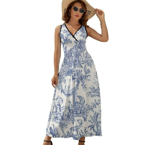 Blue Toile De Jouy Sleeveless Dress Dresses Women Summer Evening Dresses Ladies Bohemia Long Dresses