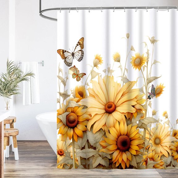 Sunflower Bathroom Pattern Shower Curtain Set, Bathroom Butterfly Decorative Waterproof Polyester Fabric Shower Curtain with 12 Hooks, 72x72 inches