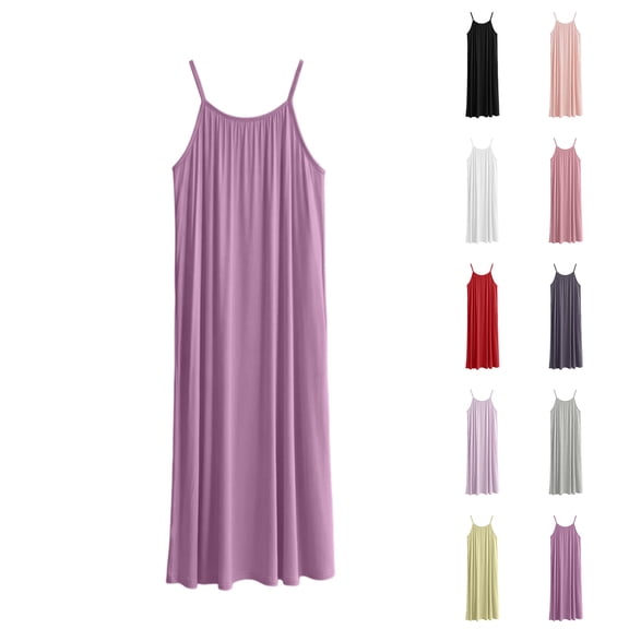 Asxite Plus Size Womens Pajamas Loose Spaghetti Strap Crew Neck Solid Short Sleep Dress