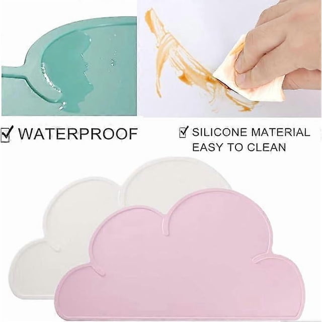 2 pcs (pink+white) Silicone Placemat for Kids, Non-slip, Waterproof Washable Cloud Toddler Tablemats