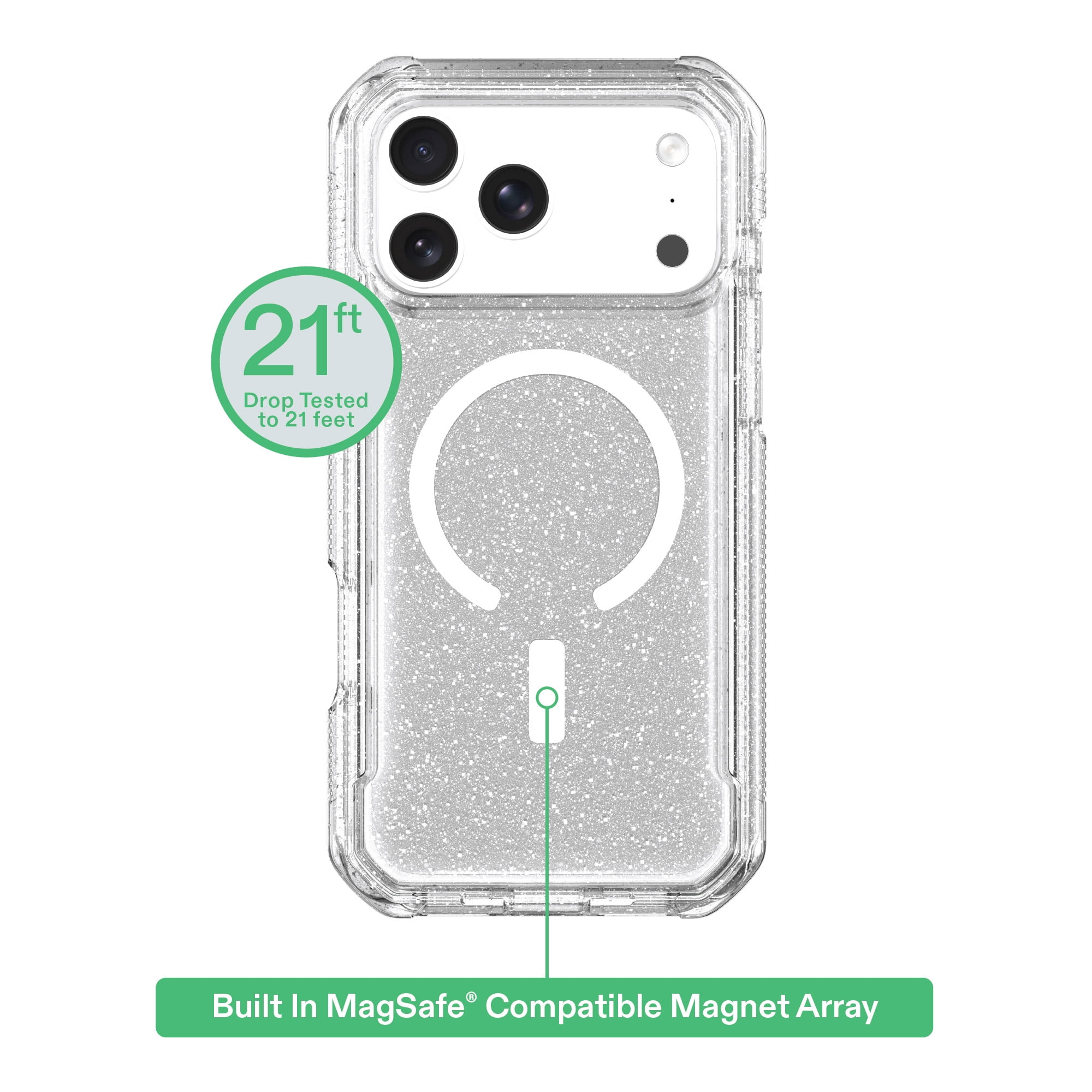 onn Rugged Phone Case for iPhone 18 Pro Max / 17 Pro Max, MagSafe Compatible - Clear with Silver Glitter