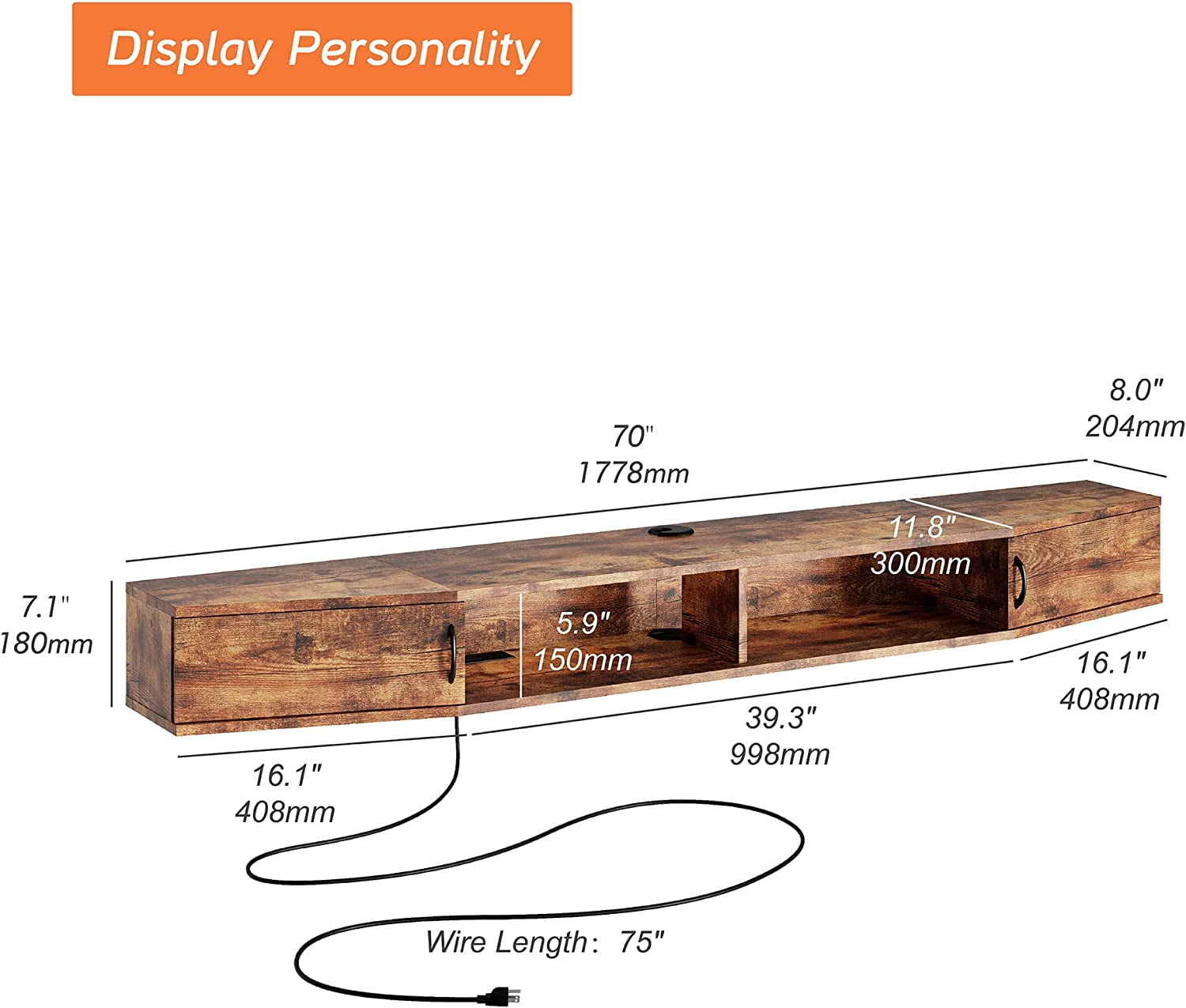 Wall Mounted Charging Station，Floating TV Stand Console with Door Cabinet for Living Room，Brown