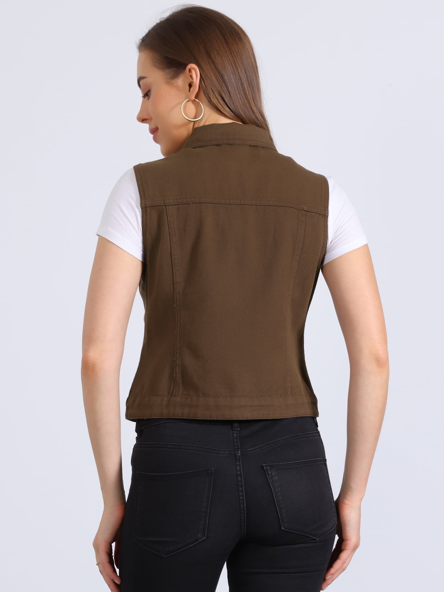 DARING DIVA Women's Denim Sleeveless Flap Pockets Vest Jacket M Dark Coffee