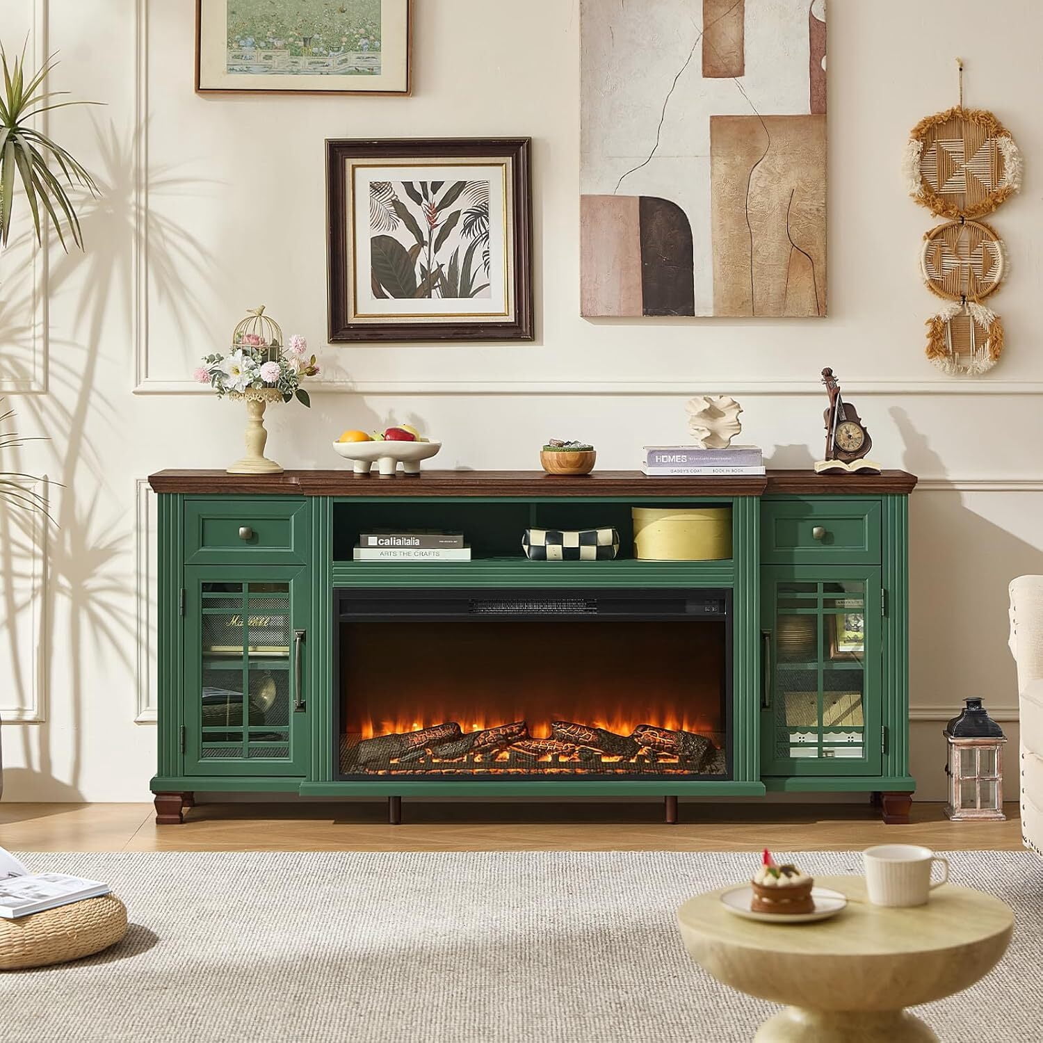 70" Fireplace TV Stand for TV up to 80", Entertainment Center with 36.5" Electric Fireplace Media Console Table for Living Room with Glass Shelves, Green