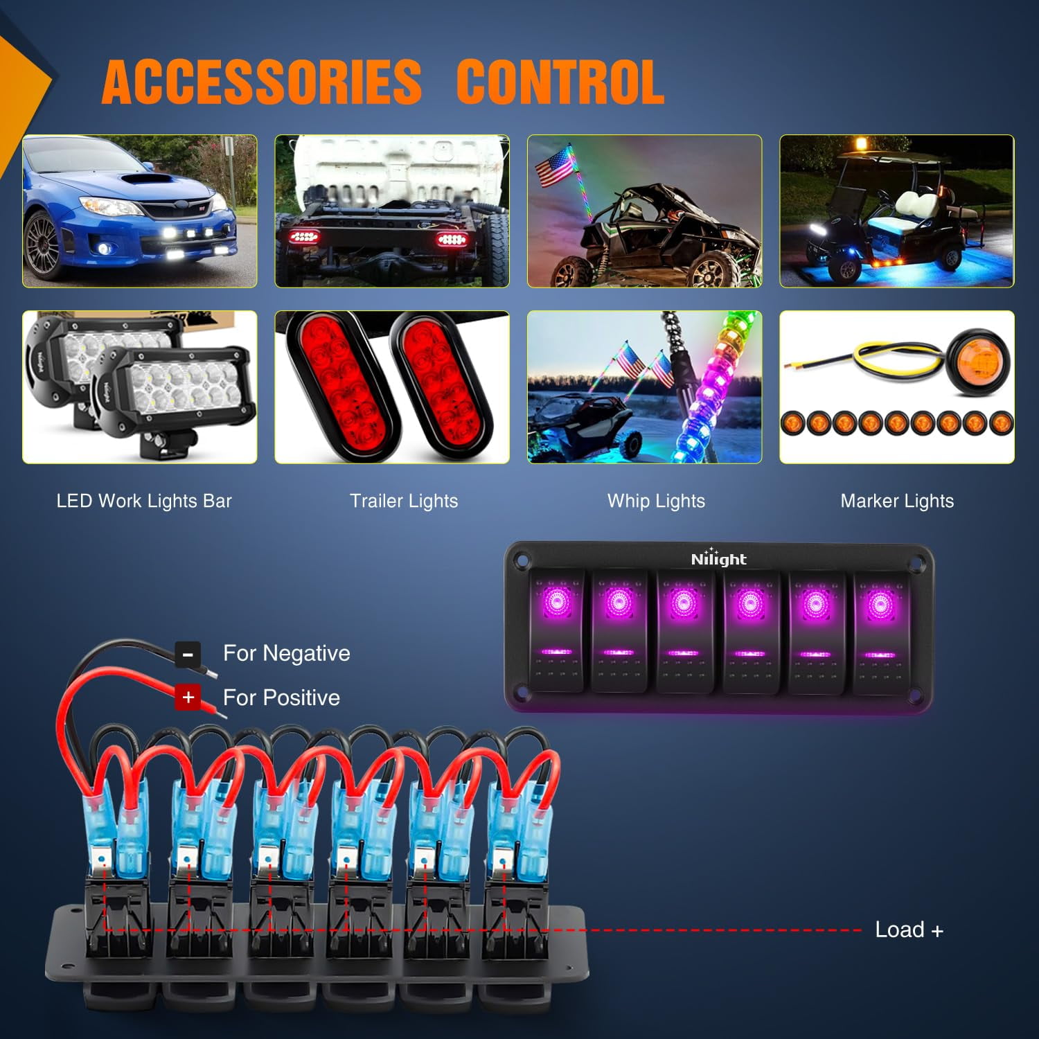 Nilight 6 Gang Rocker Switch Panel with Purple LED Light 5 Pin On Off Pre-Wired Aluminum Toggle Switches Waterproof for 12V/24V Cars Marine Boats ATVs Trailers RV Trucks