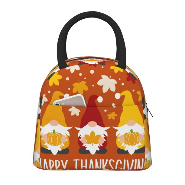 Fotbe Happy Thanksgiving Three Gnomes Bolsa de Almuerzo con Estampado, Lonchera Aislada, Contenedor de Comida Reutilizable Tipo Cooler a Prueba de Fugas