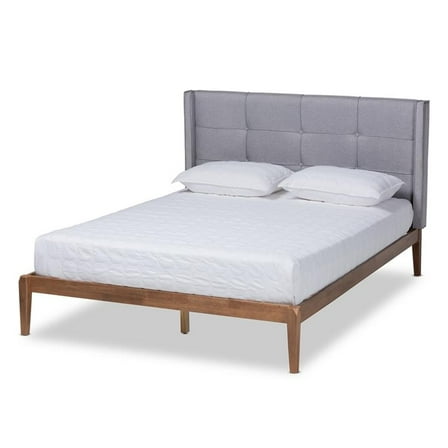 Bowery Hill Modern King Size Gray Upholstered and Ash Walnut Wood Platform Bed