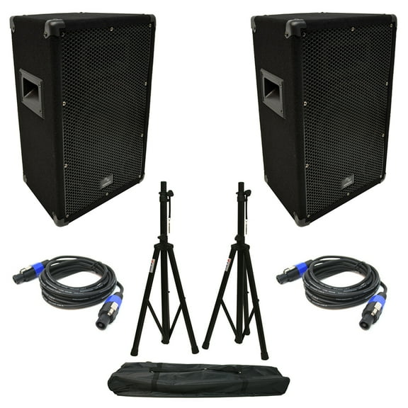 (2) Harmony Audio HA-V10P DJ 10" Passive 300W PA Speaker Speakon Cables & Stands