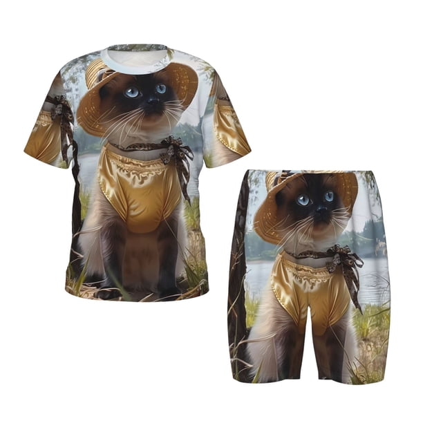 Balery Cat In Sun Hat Conjunto de Pijama Infantil de Manga Corta con Estampado – Ropa de Dormir de Algodón Suave-Large