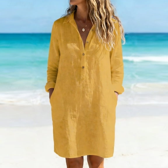 Dress for Women Lapel Button Casual Solid Color Pocket Dresses Yellow M