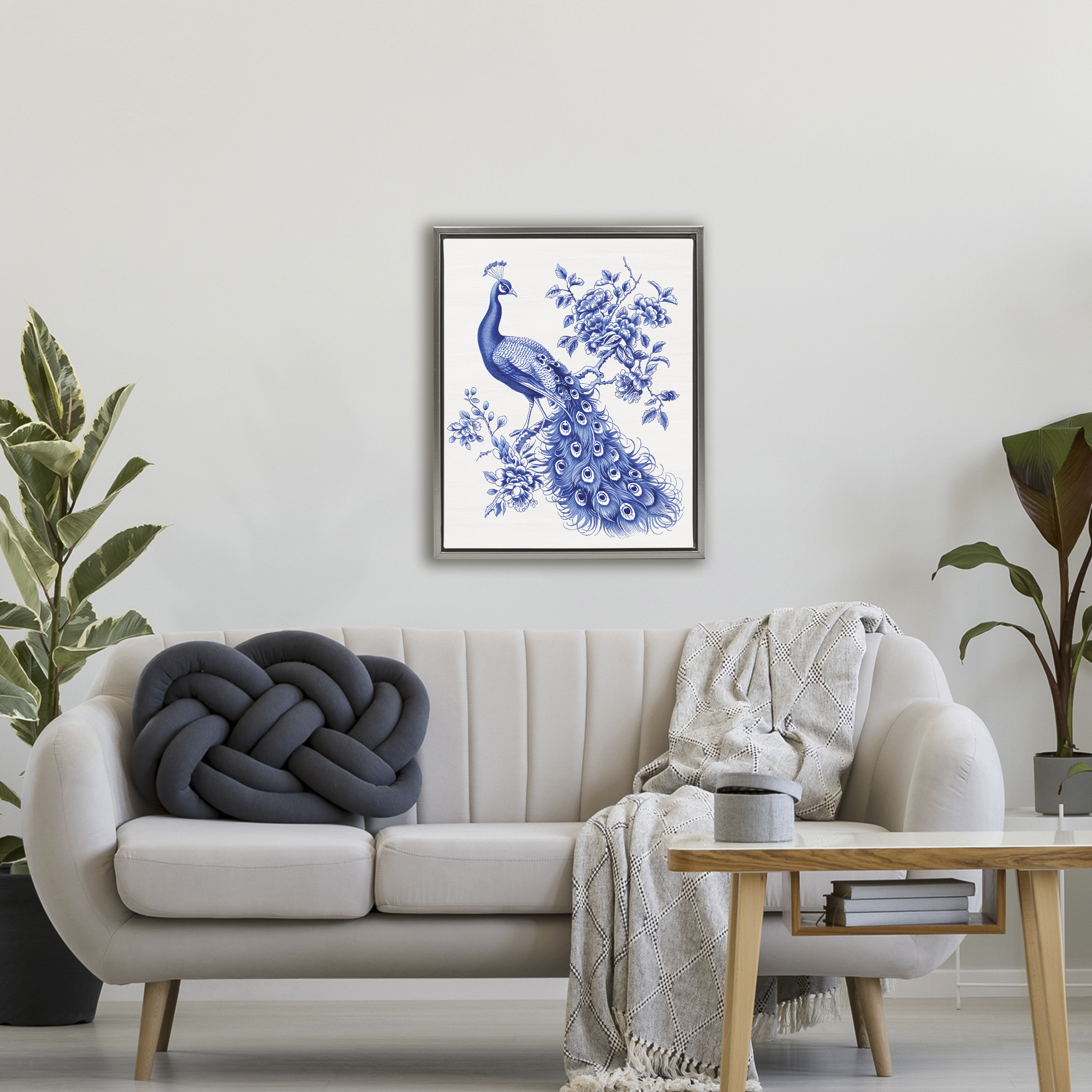Vintage Peacock in Toile Style Gray Framed Floater Canvas Wall Art, design by Lettered and Lined