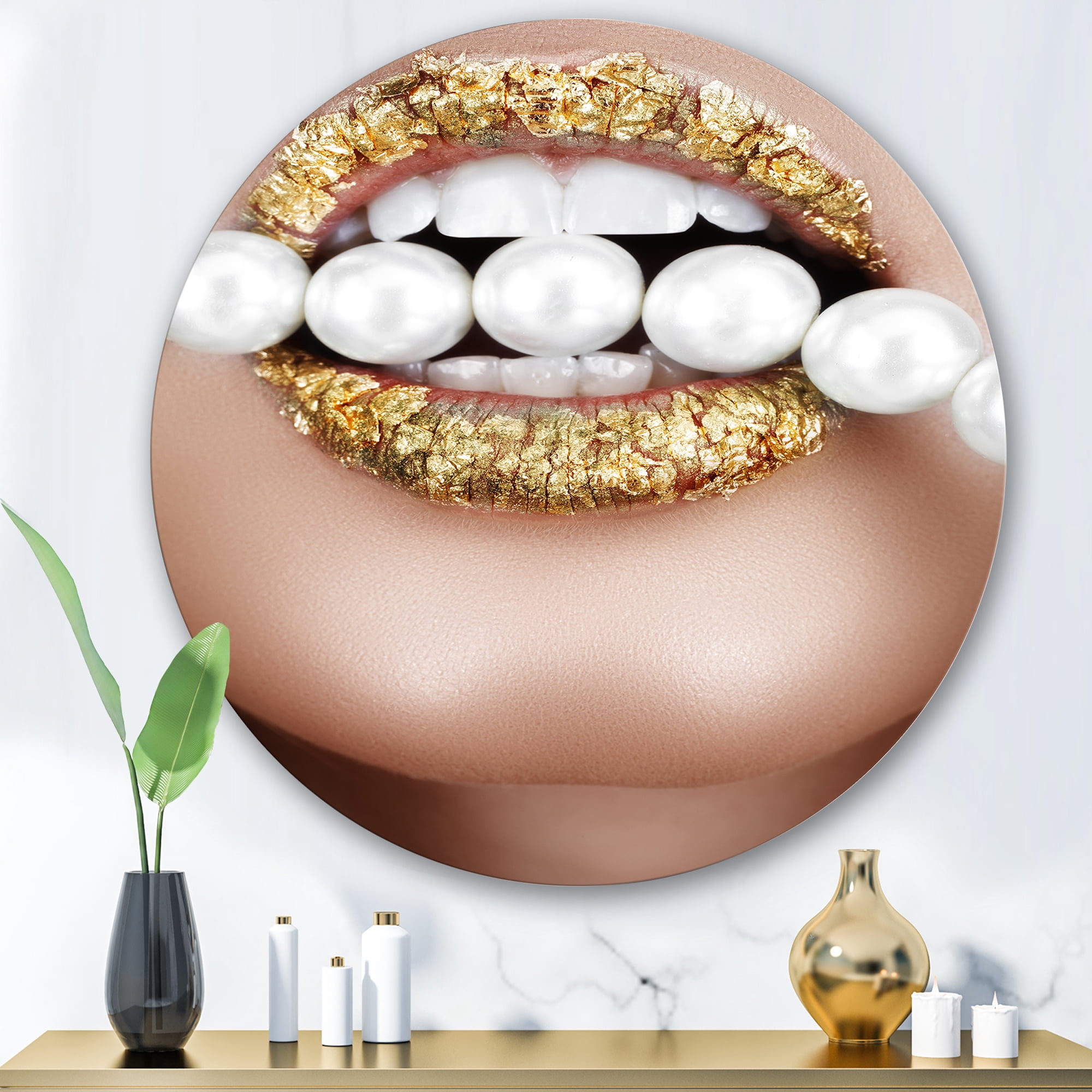 Designart 'Gold Leaf Lips Mouth With Pearls' Modern Circle Metal Wall Art 36x36 - Disc of 36