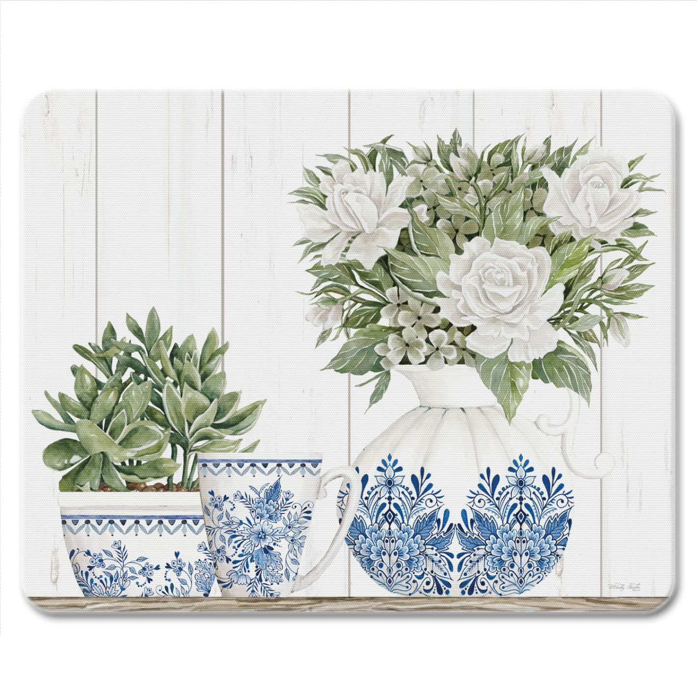 Blue and White Floral Tempered Glass Cutting Board 10" x 8"