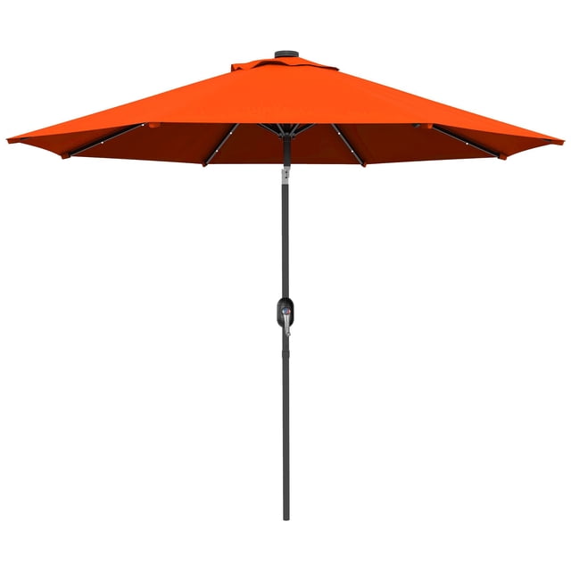 Parasol de Patio Solaire à DEL de 9 Pi, Pare-Soleil Rond Orange avec 24 Lumières, Auvent Inclinable et Manivelle, Cadre en Acier Résistant à la Rouille pour Cour Arrière, Jardin, Piscine, Plage et Balcon