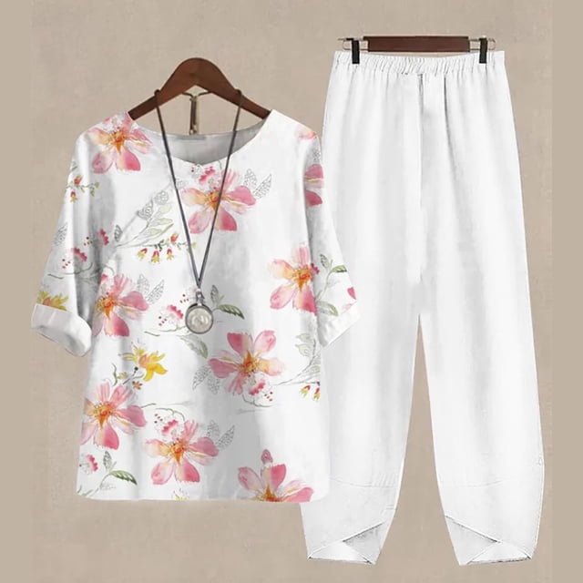 Ensemble Deux Pièces pour Femmes, Haut et Pantalon à Manches 5/4 Col Rond Décontracté, Impression Numérique, Grande Taille en Liquidation
