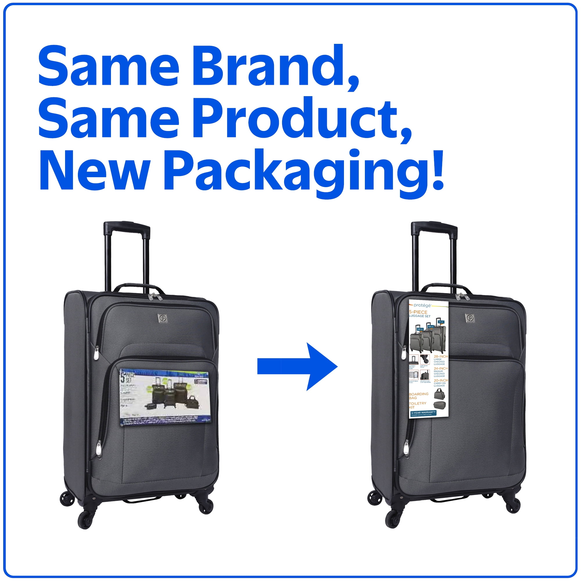 Protege 5 Piece Spinner Luggage Set, Gray, Includes 28" and 25" Check bags, 21" Carry-on
