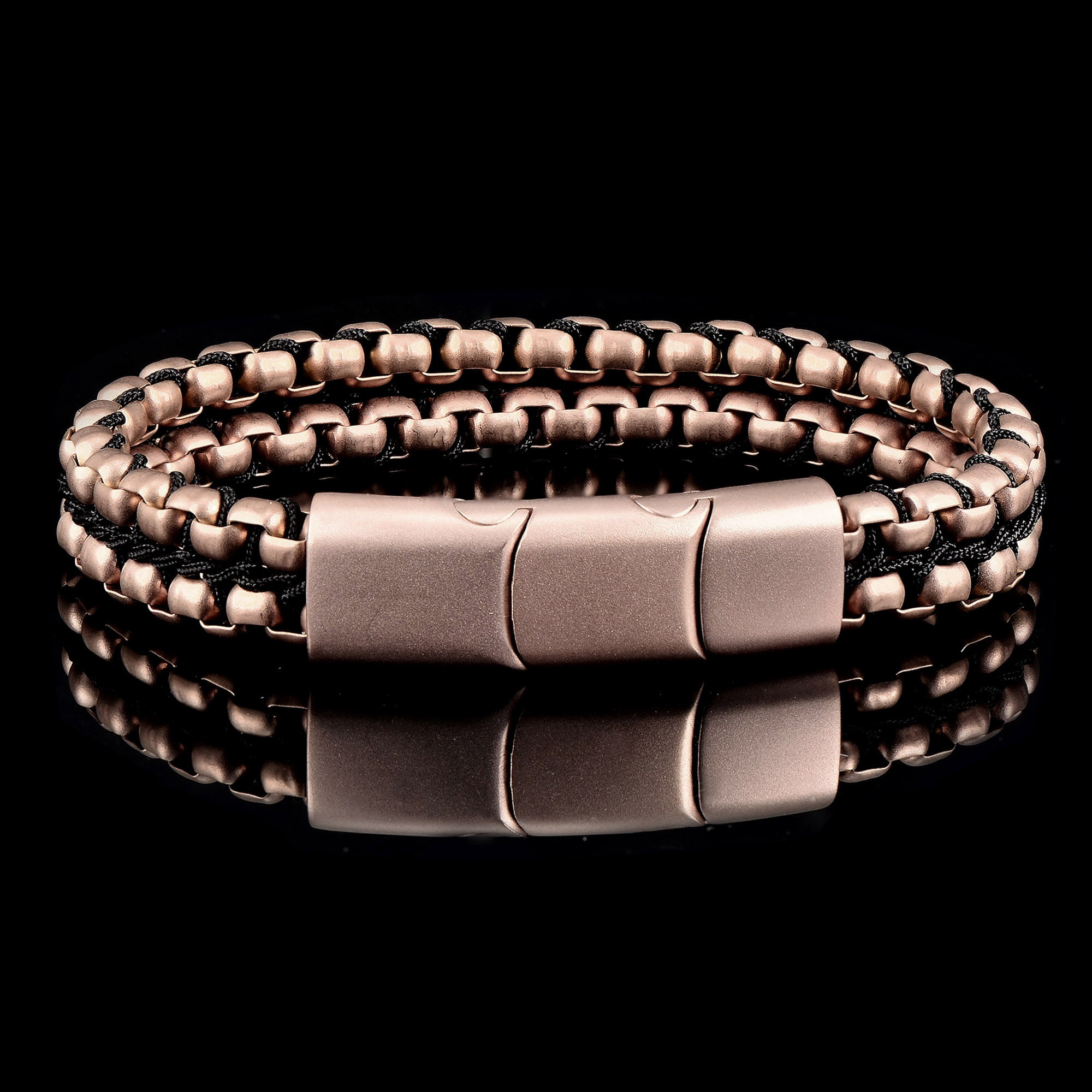 Crucible Jewelry Men's Matte Finish Double Row Box Chain Rose Gold Plated Steel Bracelet (11mm) - 7.75" + 0.5" Ext