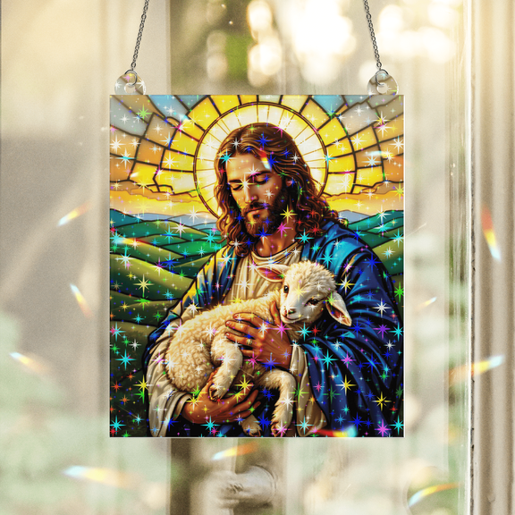 89Bloom Jesus and the Lamb Stained Glass Hologram Ornament, Stained Glass Suncatcher Ornaments Home Decor, Holographic Ornaments