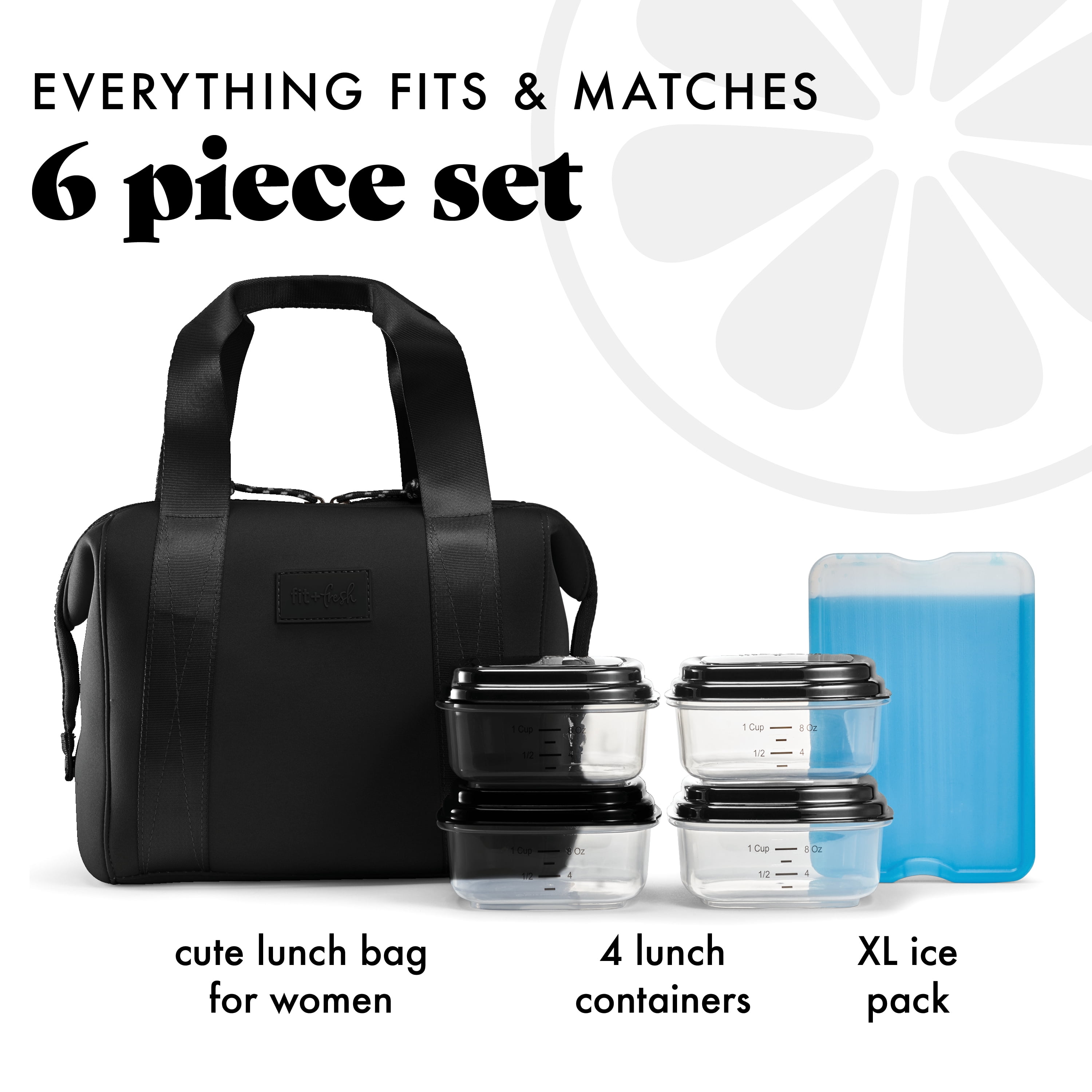 Fit & Fresh 4511CX3480 Women's Lunch Bag, Self Insulating Neoprene Material Lunch Box With Containers & Ice Pack, Black