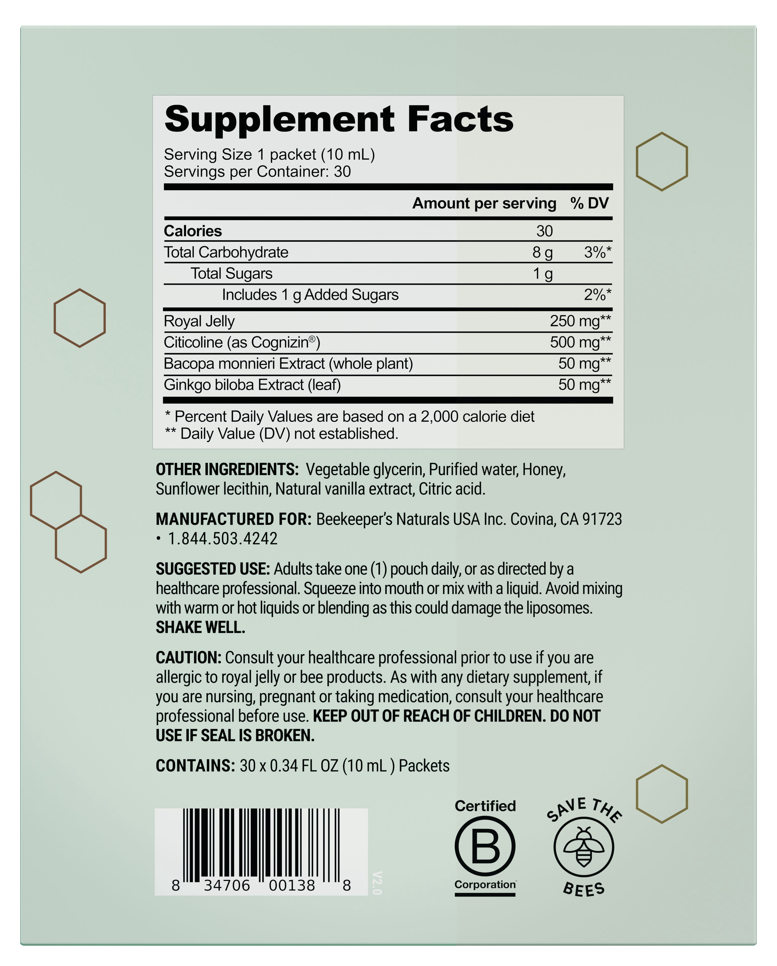 Beekeeper's Naturals Royal Jelly Brain Health Liposomal Singles Cognitive Support - 30 Count