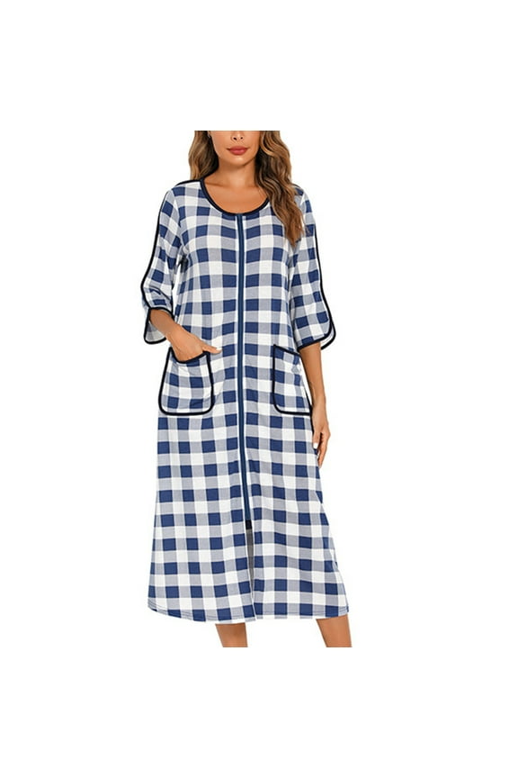 Womens Robes Women Robe Lightweight 3/4 Sleeve Knit Bathrobe Summer Soft Knee Length Sleepwear Robes with Side Pockets Check Printed O Neck Zipper Nightgown Loose Pajamas