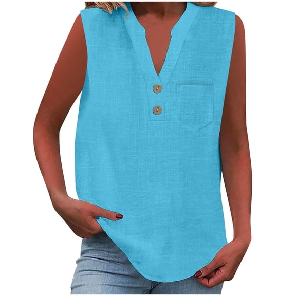 Sleeveless Linen Shirts for Women Button V-Neck Pocket Tee Casual Loose Solid Color Tank Top