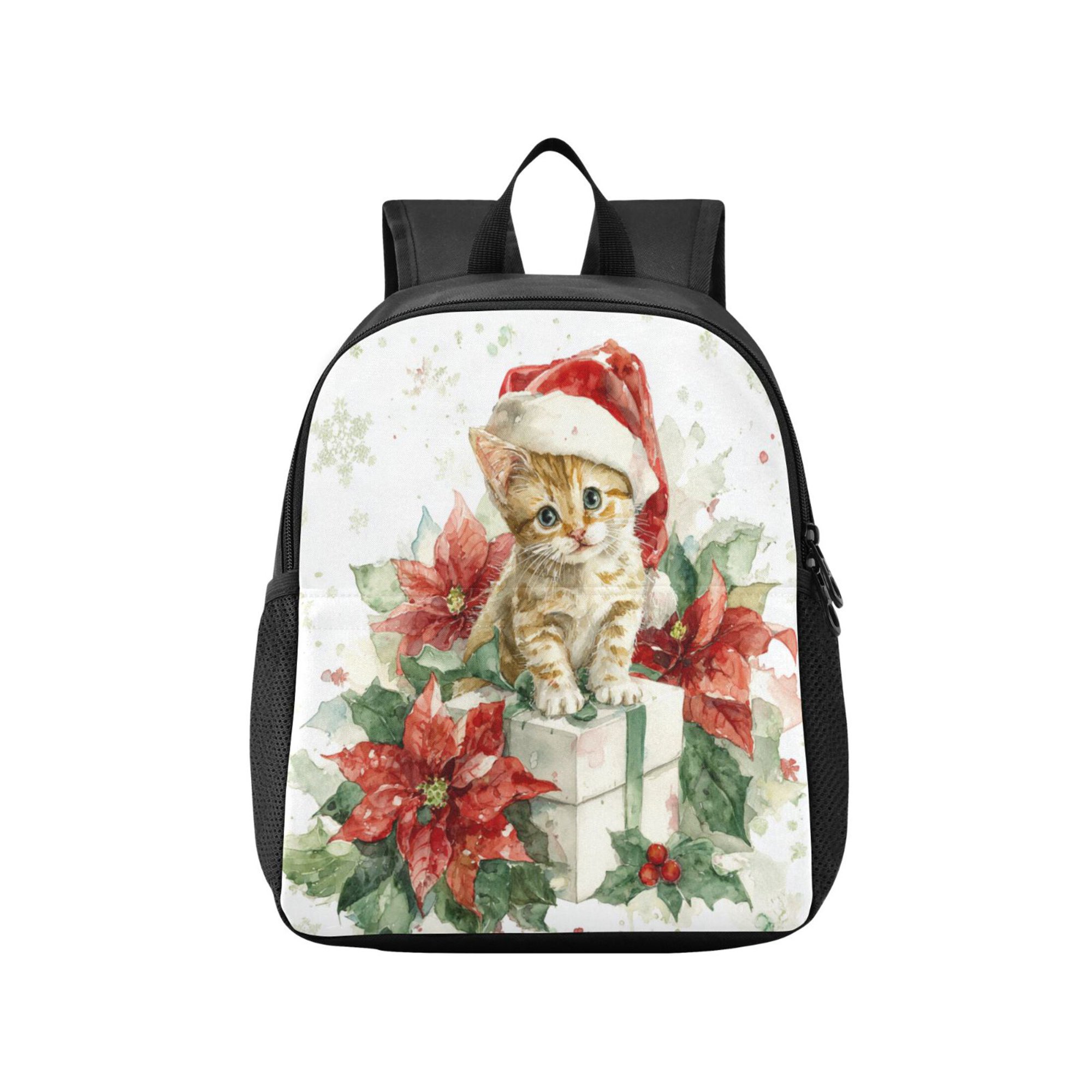 Toddler Backpack Poinsettia Flowers and Christmas Kitten Waterproof Lightweight Backpack Casual Mini Daypack for Daycare & Travel