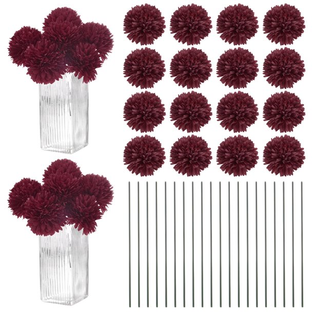 Uxcell Flores de Bola de Crisantemo Artificial, Ramos de Seda de Hortensia Falsos para el Hogar/Boda Rojo Vino 30 Pack